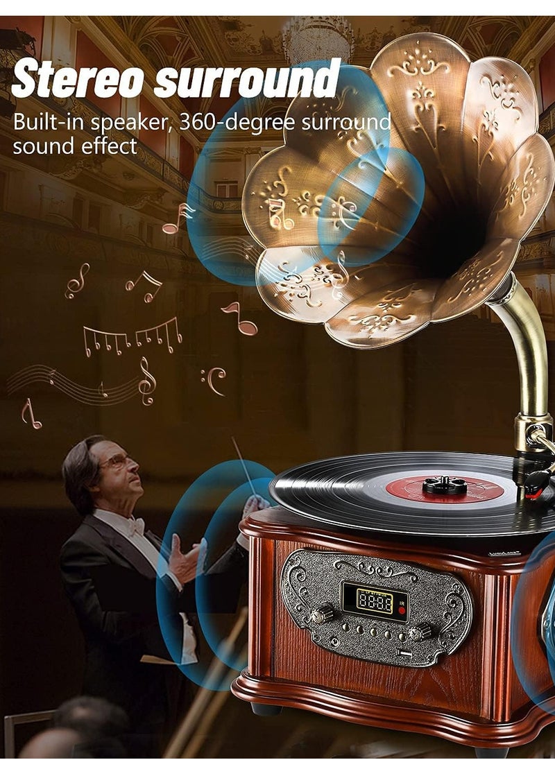MJI - Retro All-in-One Gramophone with Bluetooth, Copper Horn, 33/45 Turntable, Built-in Subwoofer & FM Radio - Image 1