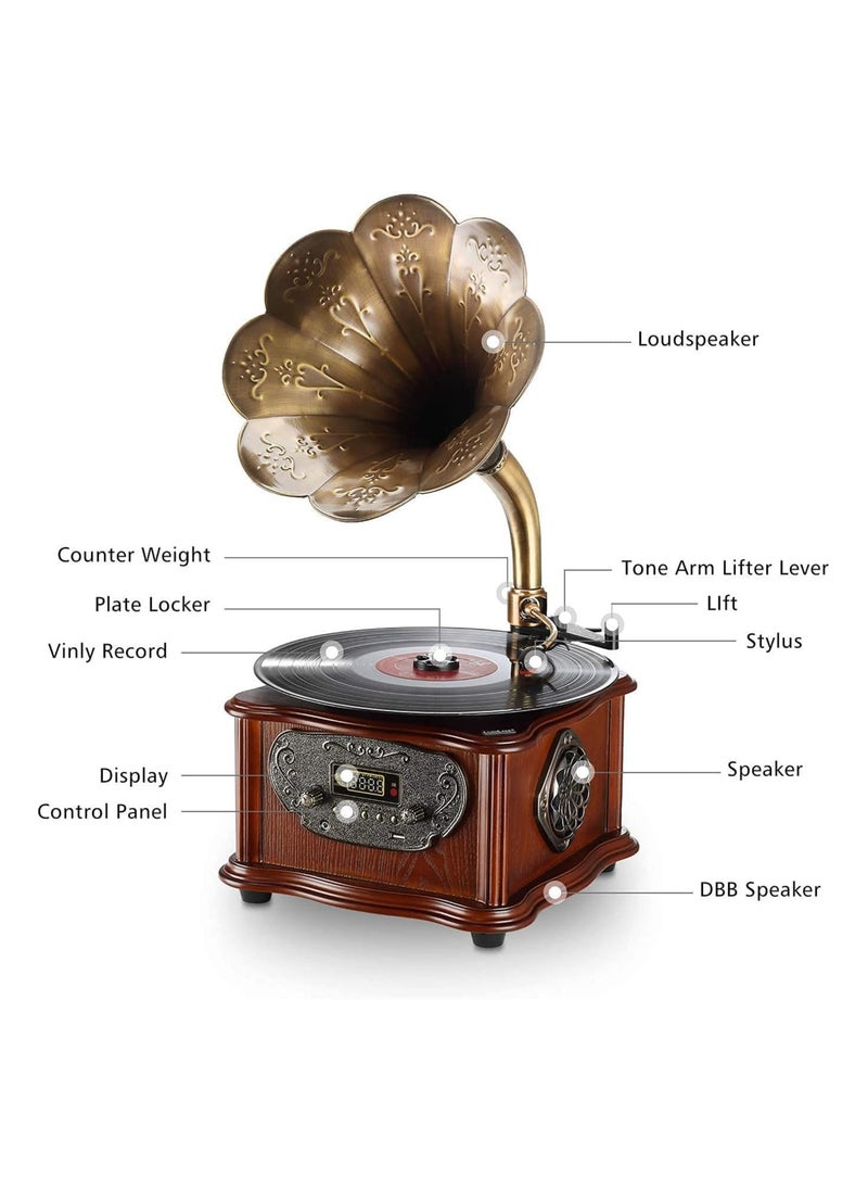 MJI - Retro All-in-One Gramophone with Bluetooth, Copper Horn, 33/45 Turntable, Built-in Subwoofer & FM Radio - Image 1