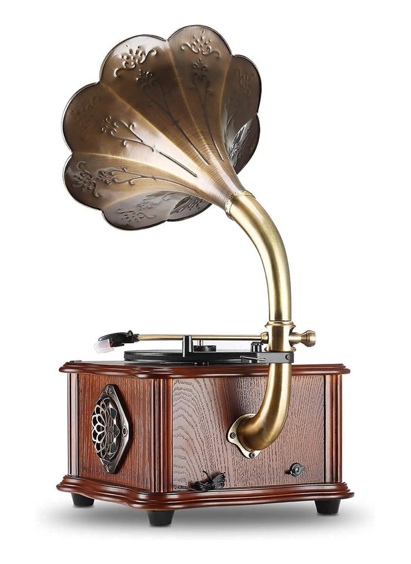 MJI - Retro All-in-One Gramophone with Bluetooth, Copper Horn, 33/45 Turntable, Built-in Subwoofer & FM Radio - Image 1