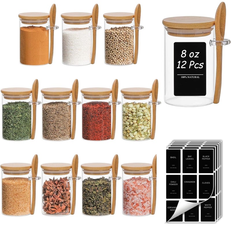 ComSaf 12 Pcs Glass Spice Jars and Spoons, 8oz Glass Containers with Bamboo Lids, Storage Containers with Airtight Lids with Black Labels for Seasonings, Salt, Loose Leaf Tea Storage - Image 1