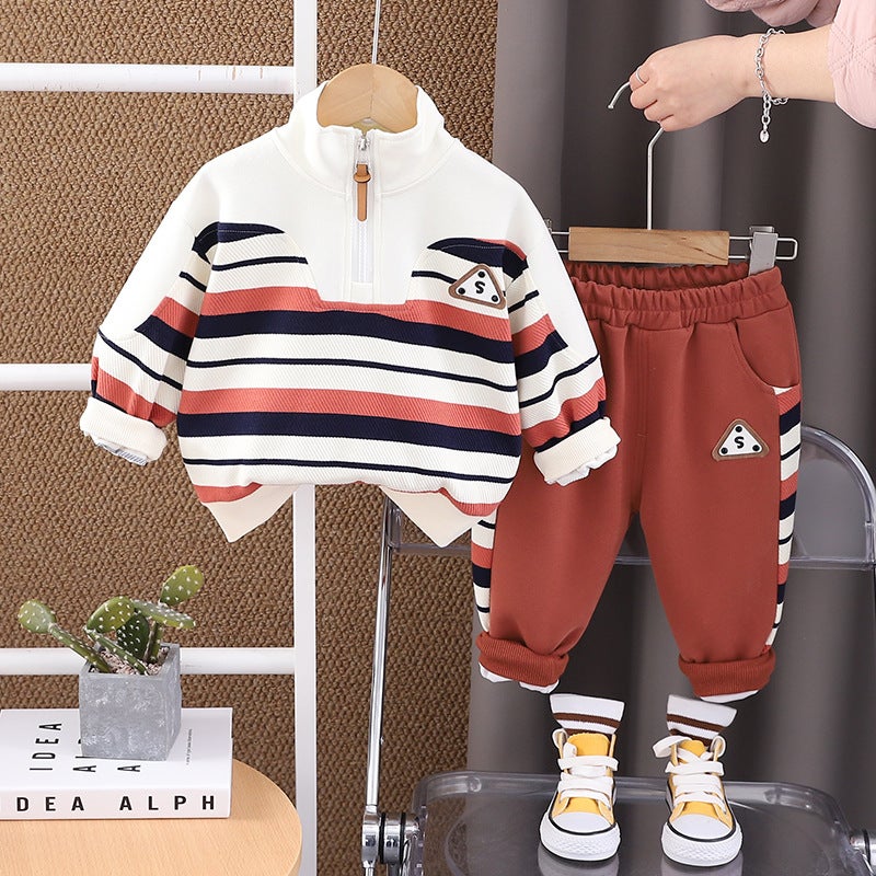 Boys Spring Suit New Striped Letter Label Long Sleeve Casual Fried Street Children'S Two-Piece Set - Image 3