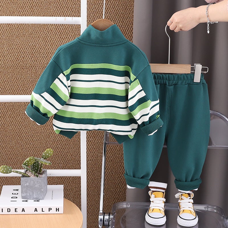 Boys Spring Suit New Striped Letter Label Long Sleeve Casual Fried Street Children'S Two-Piece Set - Image 5