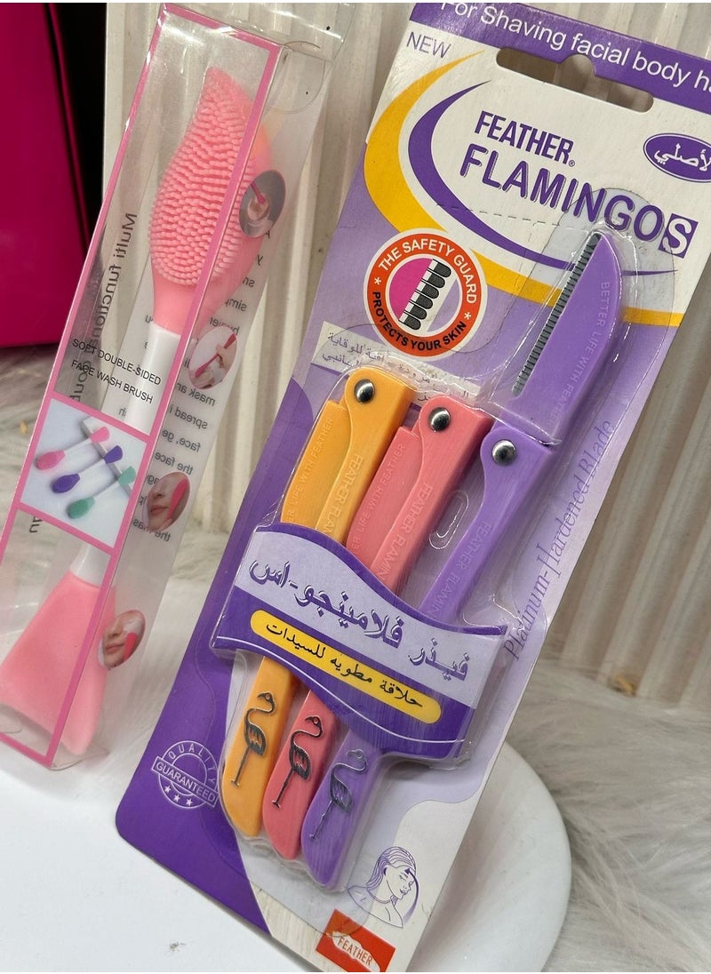 Generic face care set Feather 3 Piece Ladies Razor For Facial And Body Hair Yellow/Pink/Purple + Multifunction Facial Stirring Brush, Soft Silicone Mask Brush, Cosmetics Tools, Face Clean Brush, Face Mask Tools, Double Head Silicone Face Mask Brush random color s7  - Image 1