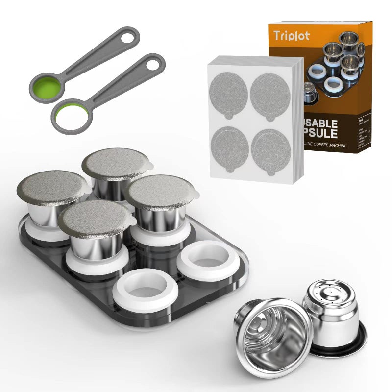 Triplot Reusable Capsules for Nespresso OriginalLine - 6pcs Refillable Coffee Pods,Stainless Steel Cups Compatible for Nespresso OriginalLine Machine (6Pods+100pcs Lids+Storage Board) - Image 1