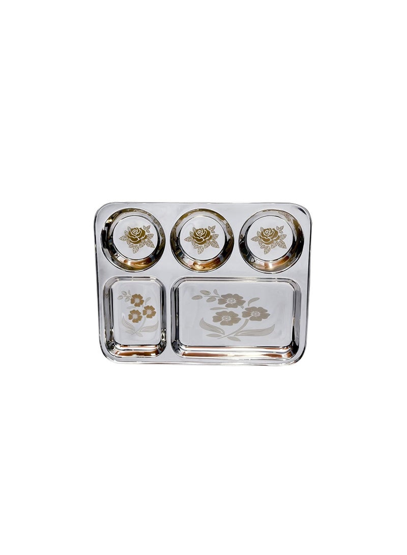 طبق عشاء من الفولاذ المقاوم للصدأ ، مقصورات بوجان ثالي 5 في 1 مع مرآة نهائية بتصميم ليزر الأزهار في جميع المقصورات ، مجموعة من 2 - Image 2