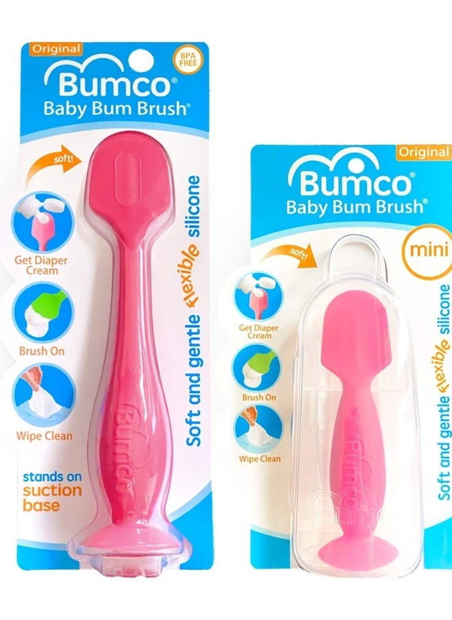 Baby Bum Brush Bumco 2-PACK Diaper Cream Spatula - FULL-SIZE + MINI Baby Bum Brush with TRAVEL CASE - Diaper Cream Applicator for Baby - Baby Necessities - Suitable for Aquaphor, Desitin - Pink  - Image 1