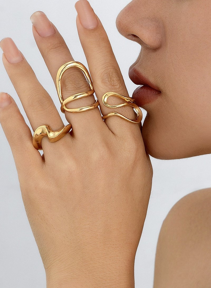 3PCS  Chic Liquid Lava Open Ring Set For Women - Vintage & Minimalist Style, Alloy, Perfect Gift For Friends, Fashionable Party Accessory  （Gold）  - Image 2