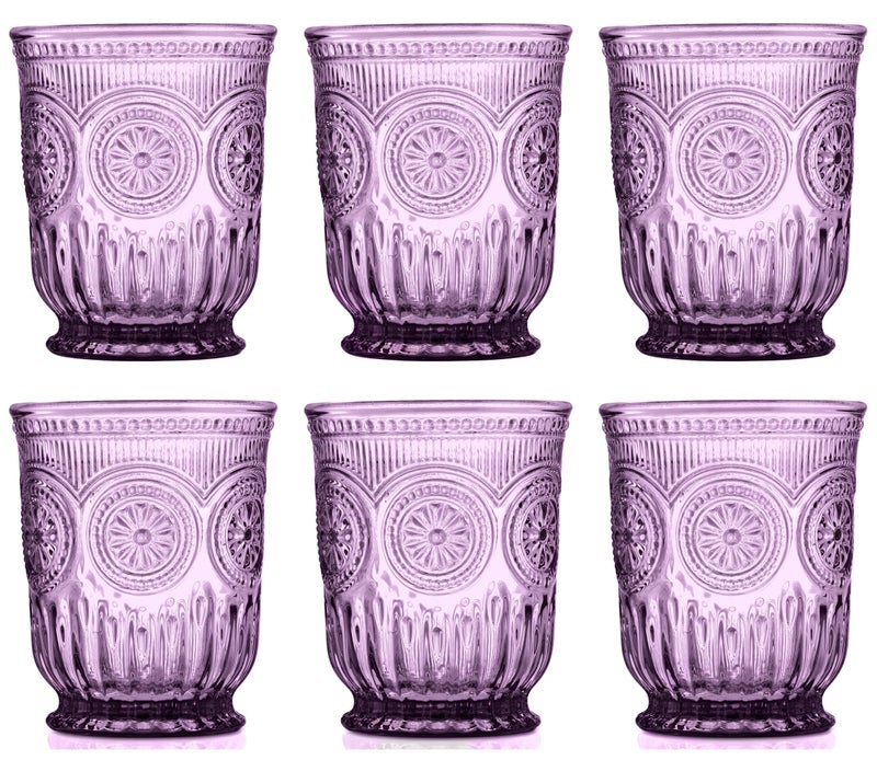 Yungala Purple Glassware set of 6 purple drinking glasses small textured colored vintage glass cups 8 oz purple water glasses