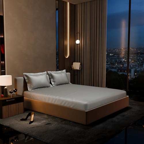 Stoa Paris 300TC UltraSatin Super King Bedsheet Set, 10” Drop Fitted Bedsheet with 2 Pillow Covers, Hypoallergenic, Wrinkle Free, Aesthetic Bedding, Home Decor, Gift, Date Night - Harbour Mist Grey - Image 1
