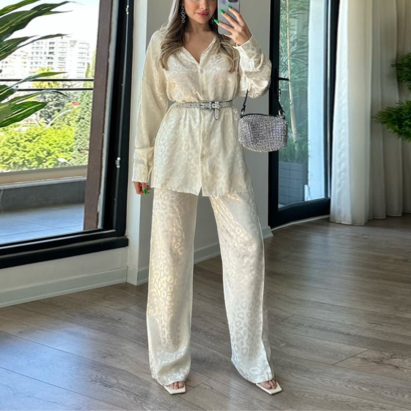 Womens Casual Leopard Print Shirt and Pants Set White  - Image 1