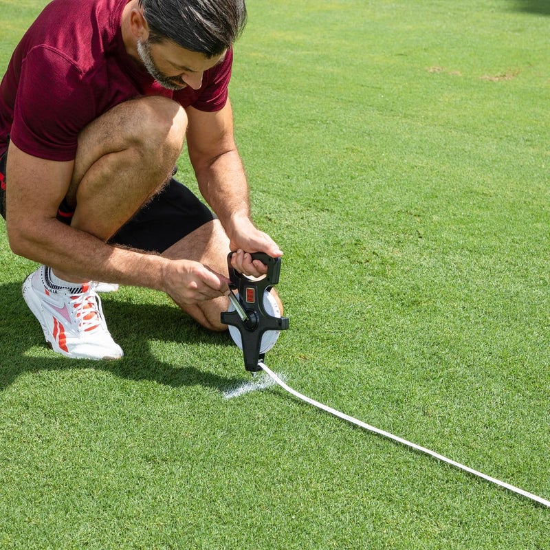 Champion Sports Open Reel Measuring Tape - Durable Hand Crank with Metal Spike, Dual-Sided Feet & Meters, 100 ft/30 meters - Image 4