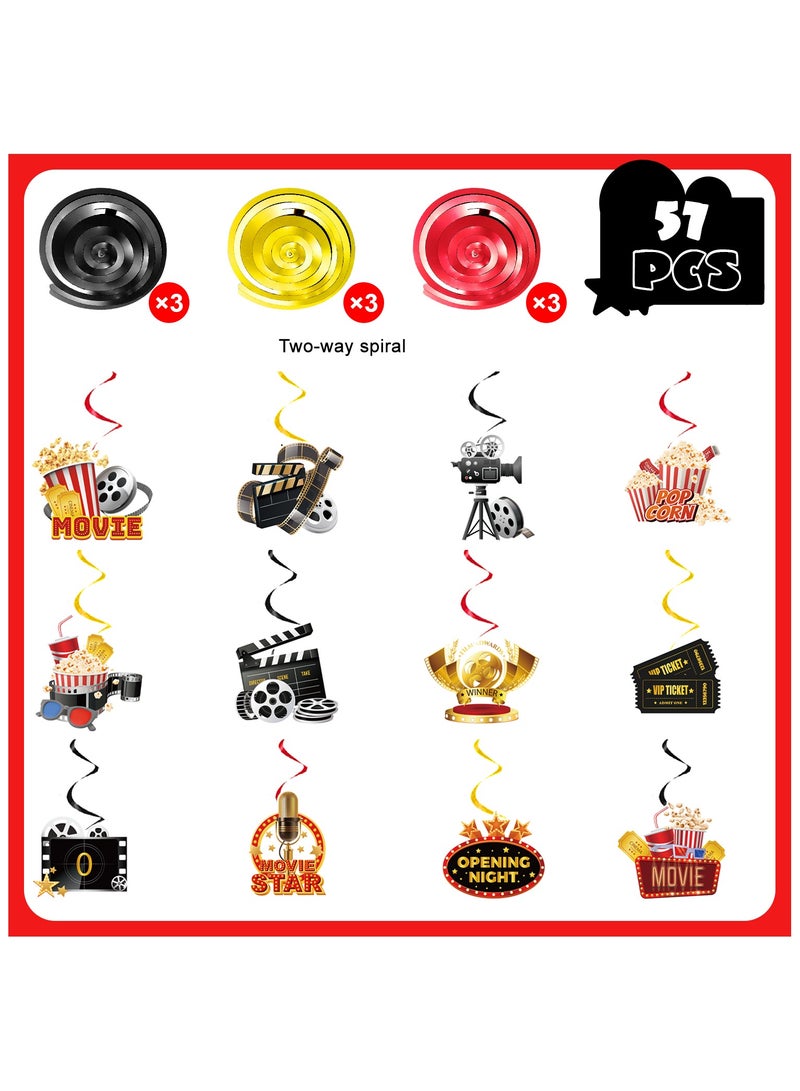 حفلة مثمرة زينة دوامات ليلة الأفلام المعلقة، 57 قطعة دوامات معلقة لحفلات ليلة الأفلام، زينة حفلات الأفلام الحلزونية ودوامات ليلة الأفلام لزينة حفلات ليلة الأفلام المعلقة وزينة حفلات ليلة الأفلام - Image 2