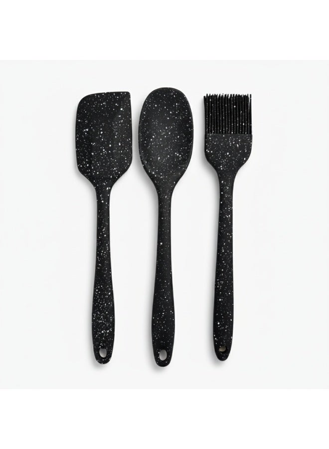 طقم أدوات مطبخ سيليكون 3 قطع (سباتولا، ملعقة، فرشاة) بتصميم جرانيت أسود - طقم توزيع حراري صحي وغير لاصق للطبخ والحلويات - Image 1