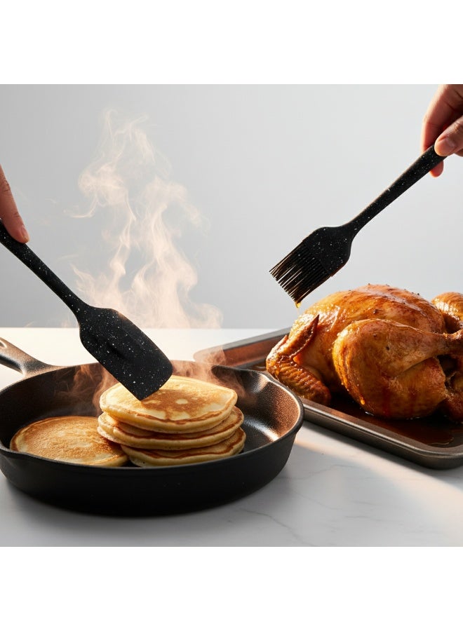 طقم أدوات مطبخ سيليكون 3 قطع (سباتولا، ملعقة، فرشاة) بتصميم جرانيت أسود - طقم توزيع حراري صحي وغير لاصق للطبخ والحلويات - Image 2