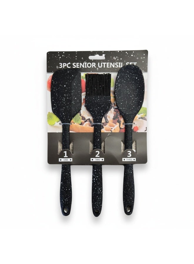 طقم أدوات مطبخ سيليكون 3 قطع (سباتولا، ملعقة، فرشاة) بتصميم جرانيت أسود - طقم توزيع حراري صحي وغير لاصق للطبخ والحلويات - Image 3