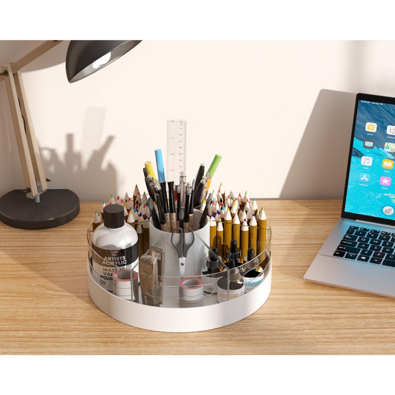 CraftGenes Rotating Pen Organizer for Desk, White Base & Acrylic Pen Holder, 360Â° Smooth Spinning Desk Organizer with 7 Removable Compartments for Office, Home, Classroom, Marker Organizer - Image 2