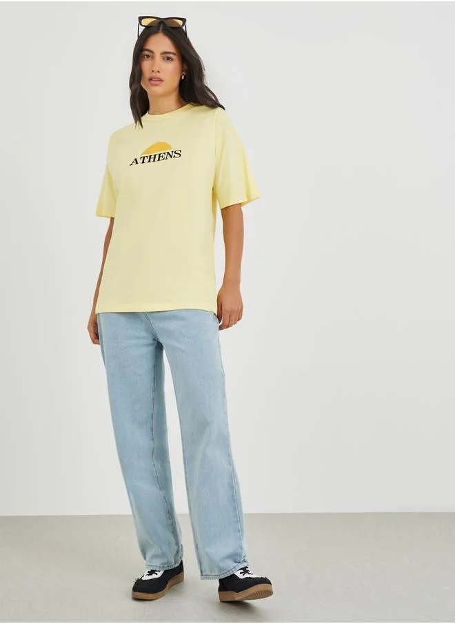 ستايلي Styli Embroidered Slogan Short Sleeve Oversized T-Shirt