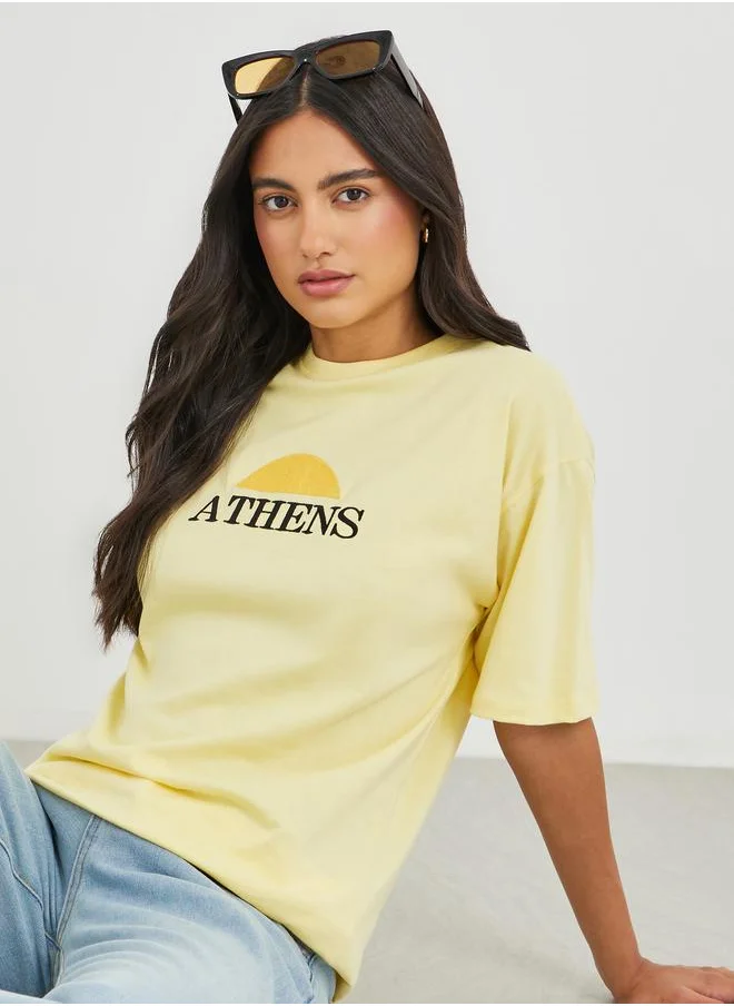 ستايلي Styli Embroidered Slogan Short Sleeve Oversized T-Shirt