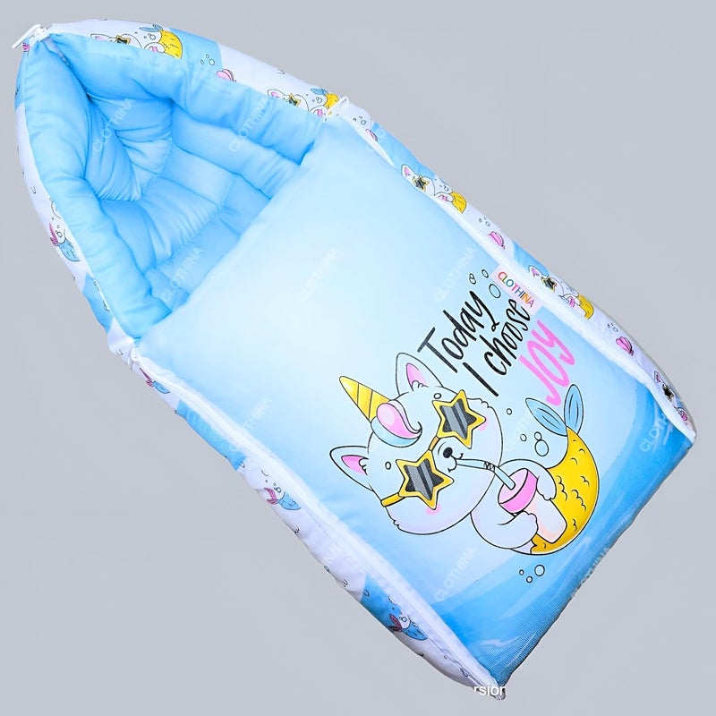 Frido 3 in 1 Baby Bed Sleeping Bag Carry Nest Cotton Baby Bedding for New Born Infant Portable Bassinet for Baby Carrying Unisex 0 to 12M Light Grey Sky Blue - Image 1