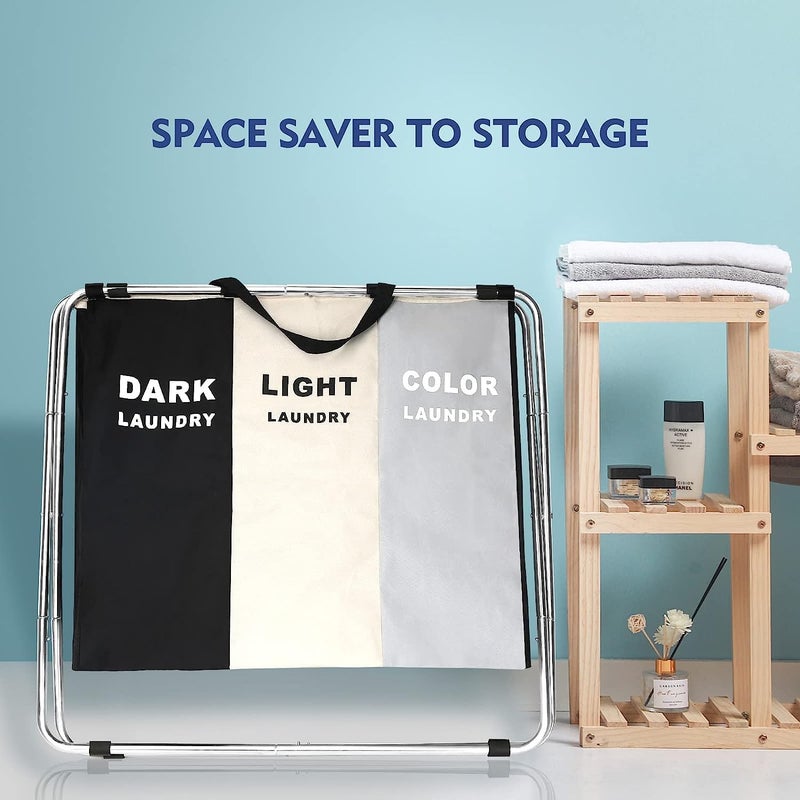 BRIGHTSHOW 135L Laundry Cloth Hamper Sorter Basket Bag Bin Foldable 3 Sections with Aluminum Frame 24'' × 14'' x 23'' Washing Storage Dirty Clothes Bag for Bathroom Bedroom Home (White+Grey+Black) - Image 3