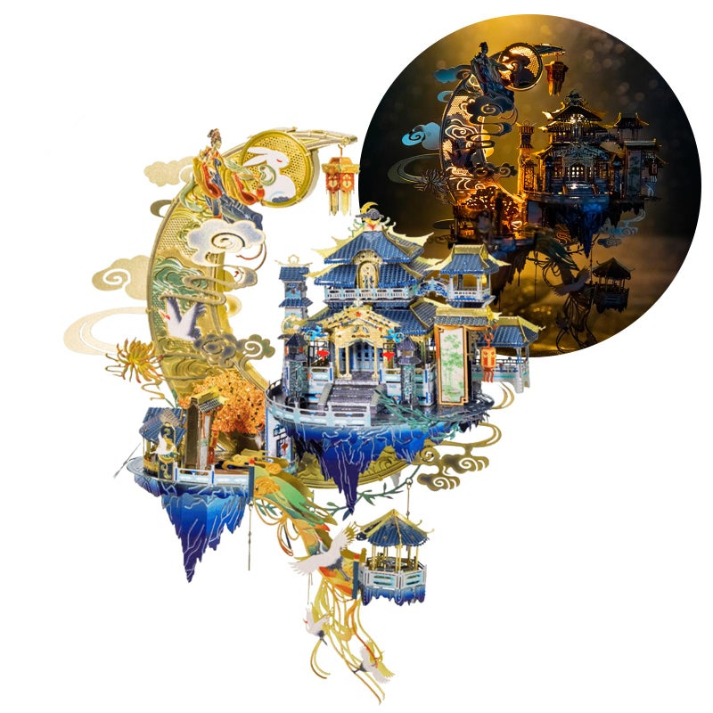MU Moon Palace 3D Metal Puzzles for Adult to Build Assembling with Lighting Holder, Floating Building Craft Kit Mythical Island Model DIY Sets Metal Model Kits Building, Birthday Gift Home Desk Decor - Image 1