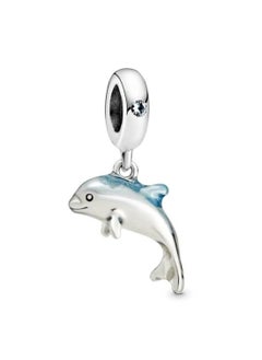 PANDORA Shiny Dolphin Navy Enamel and Green Crystal Pendant in 925 Sterling Silver