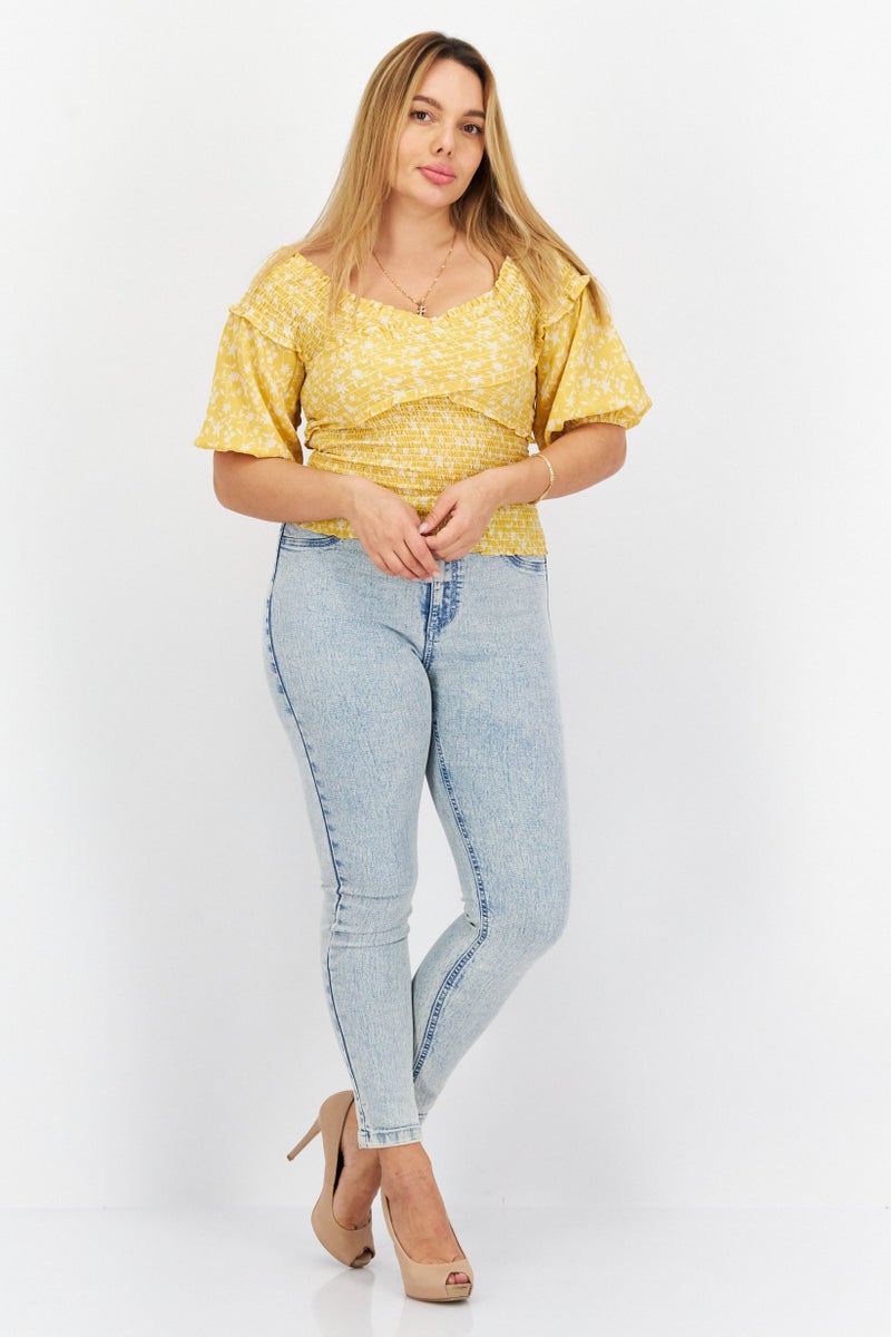 BB Dakota Women Off Shoulder Short Sleeve Allover Print Top, Yellow - Image 3