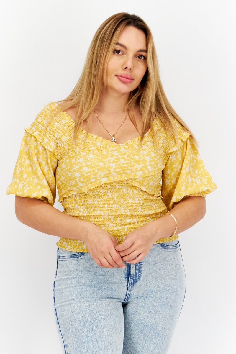 BB Dakota Women Off Shoulder Short Sleeve Allover Print Top, Yellow - Image 1