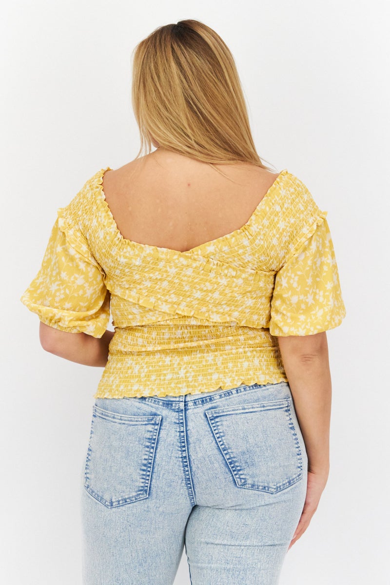 BB Dakota Women Off Shoulder Short Sleeve Allover Print Top, Yellow - Image 2