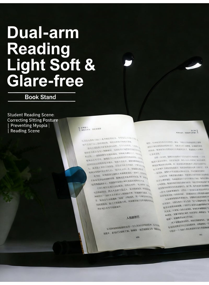 حامل كتب قابل للتعديل مع إضاءة LED مزدوجة للقراءة الليلية – عرض قابل للتوسيع 11-53 سم، تصميم مريح وقابل للطي للكتب والآيباد، قاعدة ثابتة مانعة للانزلاق - Image 5