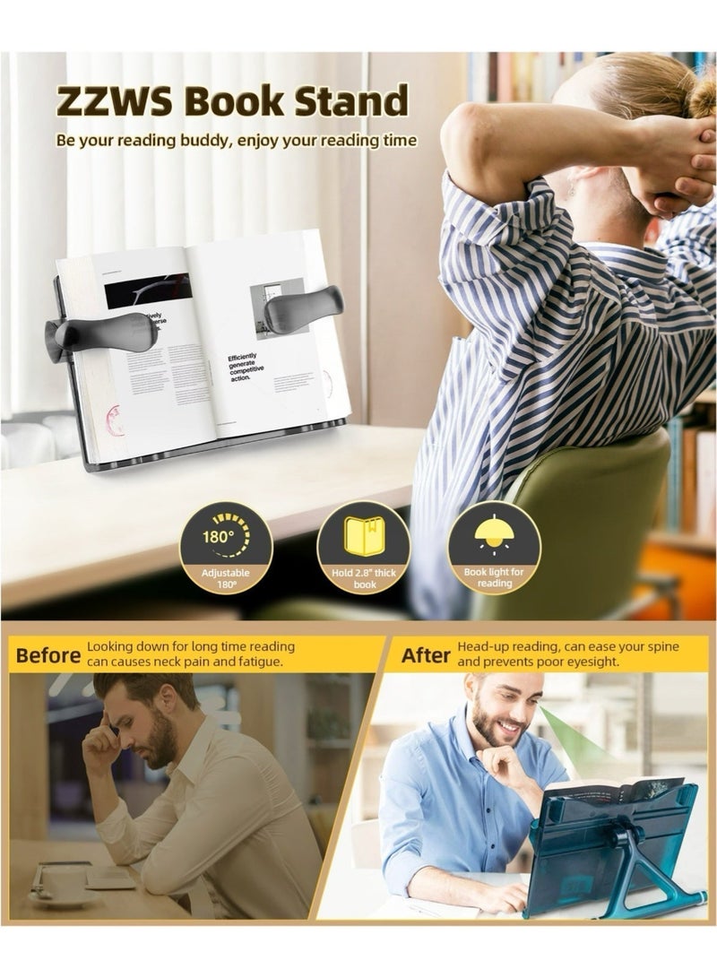 حامل كتب قابل للتعديل مع إضاءة LED مزدوجة للقراءة الليلية – عرض قابل للتوسيع 11-53 سم، تصميم مريح وقابل للطي للكتب والآيباد، قاعدة ثابتة مانعة للانزلاق - Image 3