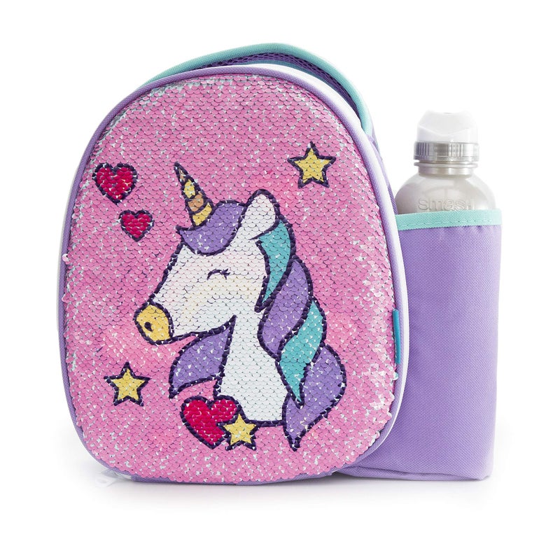 Smash 22841 Insulated Polyester 500 milliliters Reverse Sequin Unicorn Lunch Bag and 500ml Bottle85cm x 255cm x 25cm Pink Purple