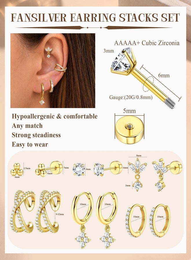 Fansilver 14K Gold Plated Earrings Stacks for Women, Hypoallergenic Surgical Stainless Steel Flat Back Earrings，Dainty Small Huggie Hoops Studs Earring-Cartilage Earring Set for Multiple Piercing - Image 2