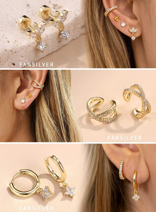 Fansilver 14K Gold Plated Earrings Stacks for Women, Hypoallergenic Surgical Stainless Steel Flat Back Earrings，Dainty Small Huggie Hoops Studs Earring-Cartilage Earring Set for Multiple Piercing - Image 4