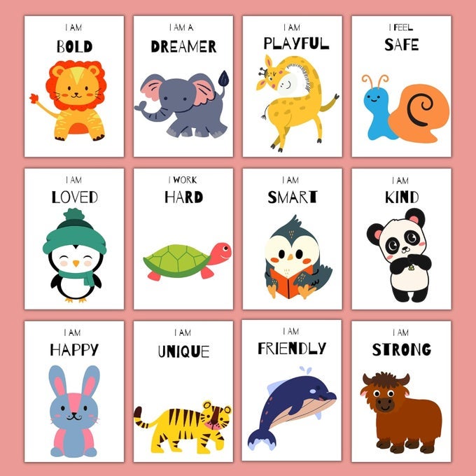 PAPER AESTHETIC POSTERS FOR ROOM DECORATION KIDS AFFIRMATION POSTER WITH ANIMALS PICTURES FOR KIDS MOTIVATIONAL WALL ABSTRACT POSTER SET OF 12 A5 SIZE 6 X 9 INCHES MULTI
