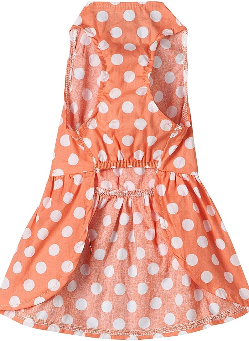 Spring Wear Frocks Peachy Polka Dots Print Frock With A Big Pink Satin Bow For Cats And Dogs Small Size