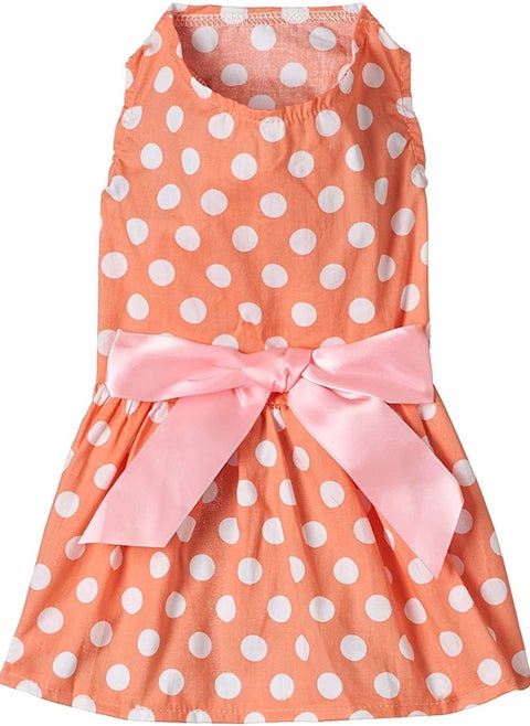 Spring Wear Frocks Peachy Polka Dots Print Frock With A Big Pink Satin Bow For Cats And Dogs Small Size