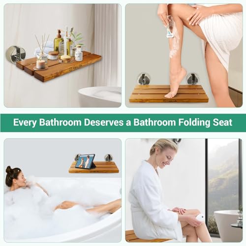Bootuu 20 Inchs Teak Folding Shower Seat Wall Mounted Fold Down Shower Seat for Inside Shower Home Care Folding Shower Seat Wall Mounted Shower Bench with 400 Lb Wood - Image 5