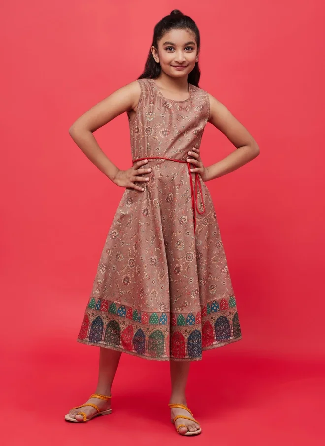 أيه كيه إس Brown Ethnic Motifs Printed Fit & Flare Dress for Girls