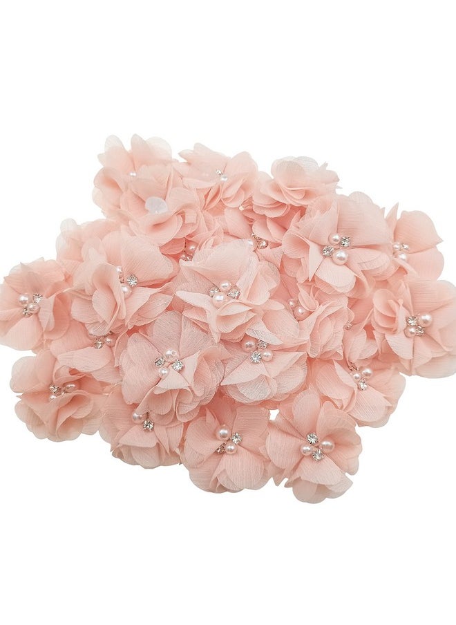 DonLeeving 30 PCS Rhinestone Pearl Apricot Color Chiffon Flower Sewing Fabric Appliques for Clothing, Headbands Flower, Crafts, Party Decoration, Sewing Applique  - Image 1