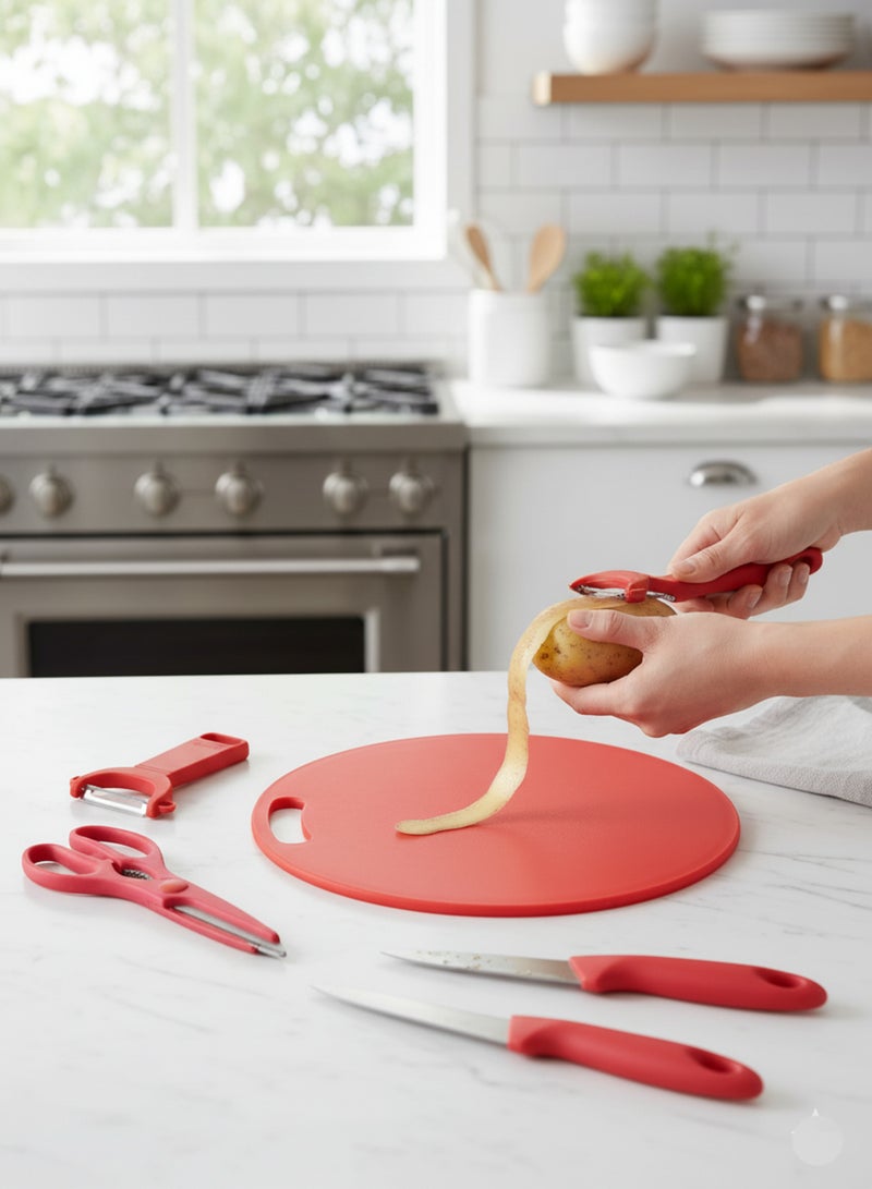 BASURRAH 5-Piece Kitchen Tool Set in Red – Sharp Knives, Kitchen Scissors, Peeler & Round Cutting Board – Practical Design for Easy Food Preparation - Image 2
