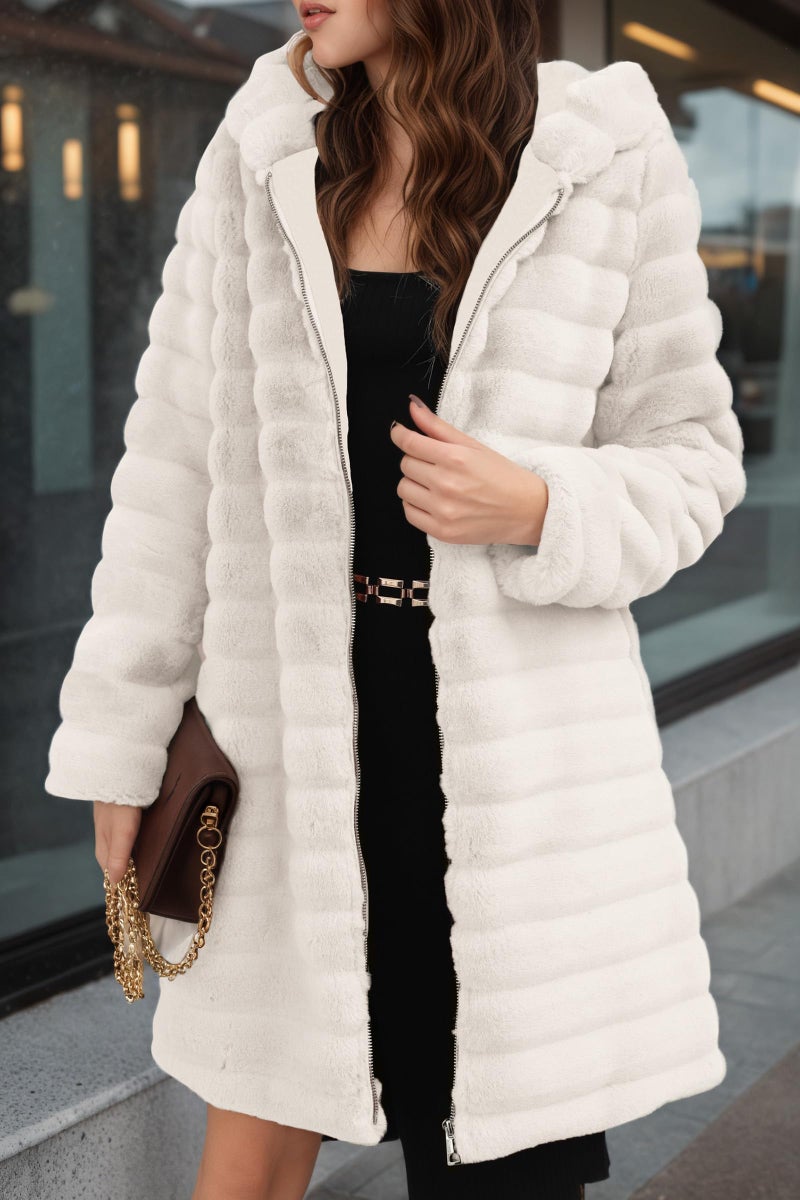 RISISSIDA Women Long Faux Fur Coat Fuzzy Jacket with Hood Fleece Winter Fall Thermal Shearling Warm Fluffy Furry Overcoat Beige 120757A L - Image 2