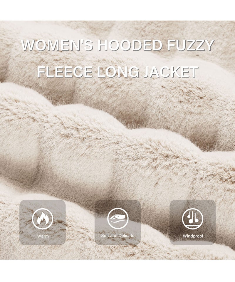 RISISSIDA Women Long Faux Fur Coat Fuzzy Jacket with Hood Fleece Winter Fall Thermal Shearling Warm Fluffy Furry Overcoat Beige 120757A L - Image 4