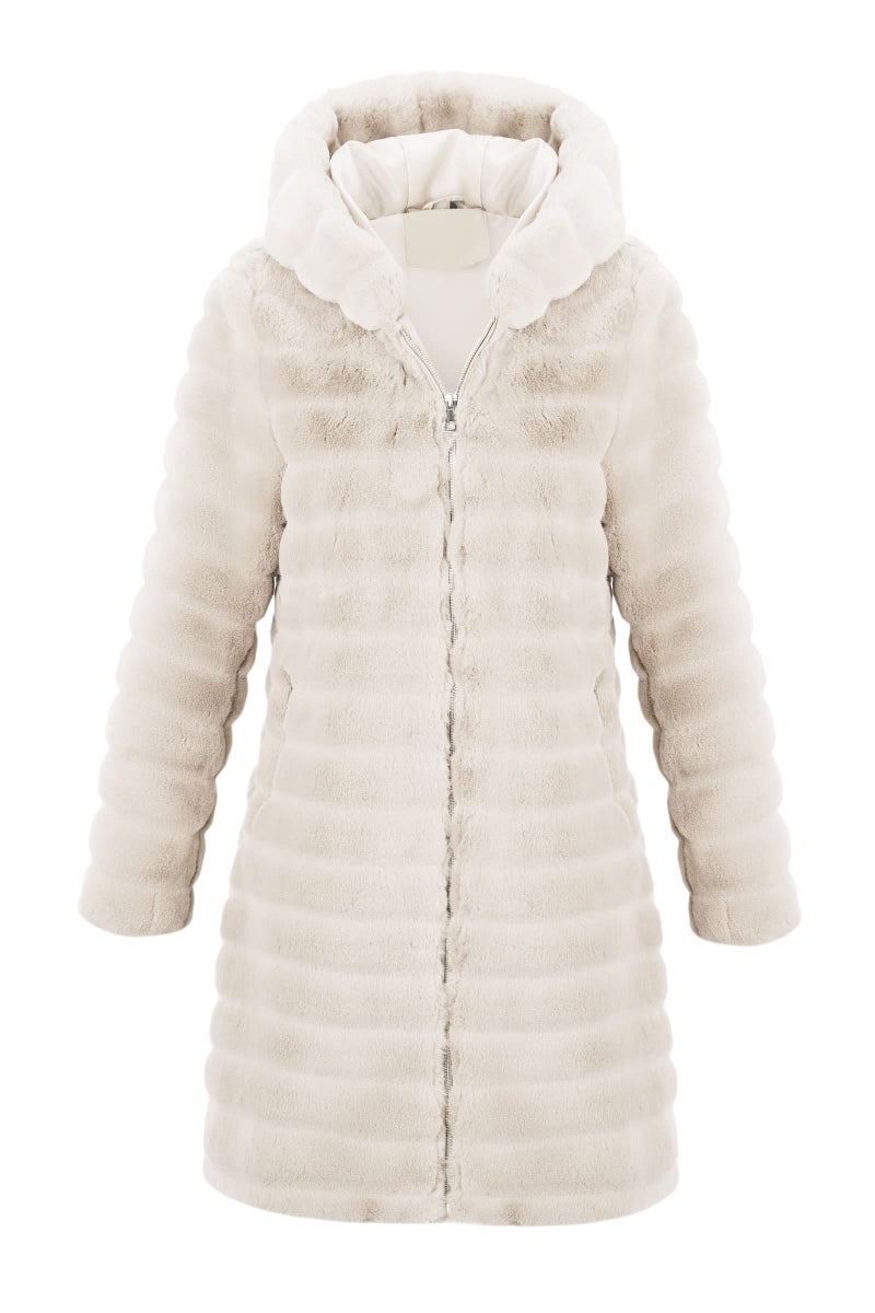 RISISSIDA Women Long Faux Fur Coat Fuzzy Jacket with Hood Fleece Winter Fall Thermal Shearling Warm Fluffy Furry Overcoat Beige 120757A L - Image 1