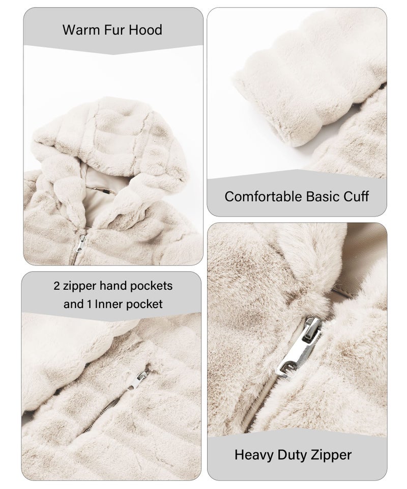 RISISSIDA Women Long Faux Fur Coat Fuzzy Jacket with Hood Fleece Winter Fall Thermal Shearling Warm Fluffy Furry Overcoat Beige 120757A L - Image 5