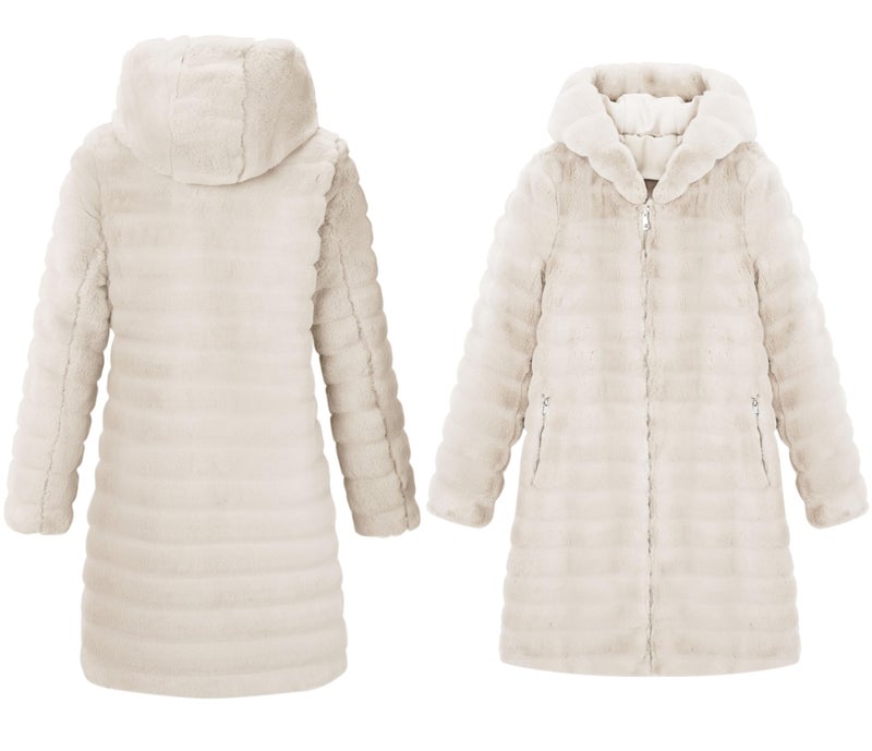 RISISSIDA Women Long Faux Fur Coat Fuzzy Jacket with Hood Fleece Winter Fall Thermal Shearling Warm Fluffy Furry Overcoat Beige 120757A L - Image 3