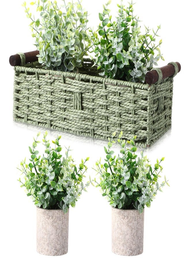 Capoda Green Storage Wicker Baskets with Fake Plants Eucalyptus Potted Toilet Tank Topper Paper Basket Toilet Tray Decorative Storage Bin for Countertop and Shelves Home Bathroom Farmhouse Table Decor - Image 1