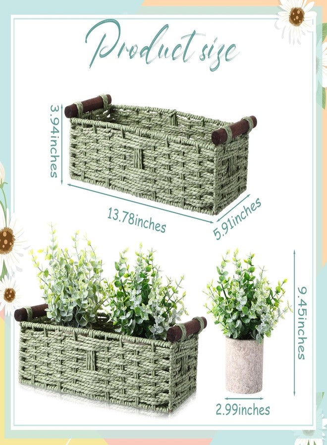 Capoda Green Storage Wicker Baskets with Fake Plants Eucalyptus Potted Toilet Tank Topper Paper Basket Toilet Tray Decorative Storage Bin for Countertop and Shelves Home Bathroom Farmhouse Table Decor - Image 2