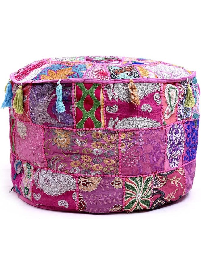 Aakriti Gallery Indian Pouf Footstool Ethnic Embroidered Pouf Cover, Indian Cotton Round Pouffe Ottoman Pouf Cover Pillow Ethnic Decor Art - Cover Only (Pink, 22X14) - Image 1