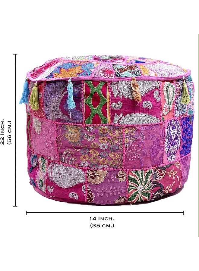 Aakriti Gallery Indian Pouf Footstool Ethnic Embroidered Pouf Cover, Indian Cotton Round Pouffe Ottoman Pouf Cover Pillow Ethnic Decor Art - Cover Only (Pink, 22X14) - Image 3